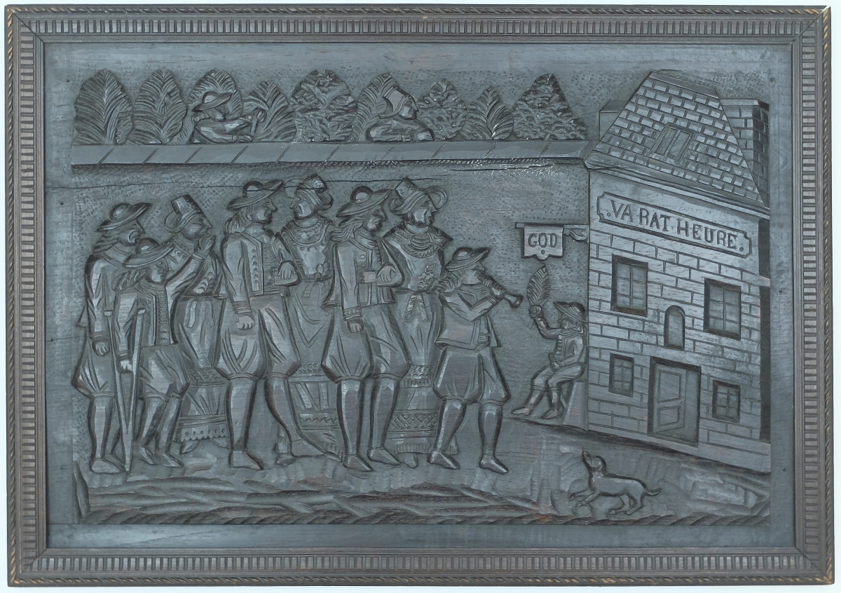 Breton Folk Art, 20th Century. Bas-relief On A Wooden Panel: Procession Scene With Bombard.