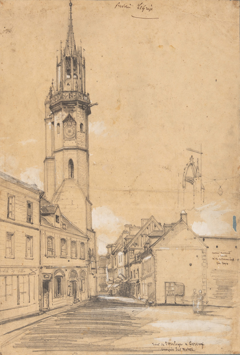 Frédéric Legrip. Dessin original. Vue de la Tour de l'Horloge à Évreux. [XIXe siècle].-photo-2