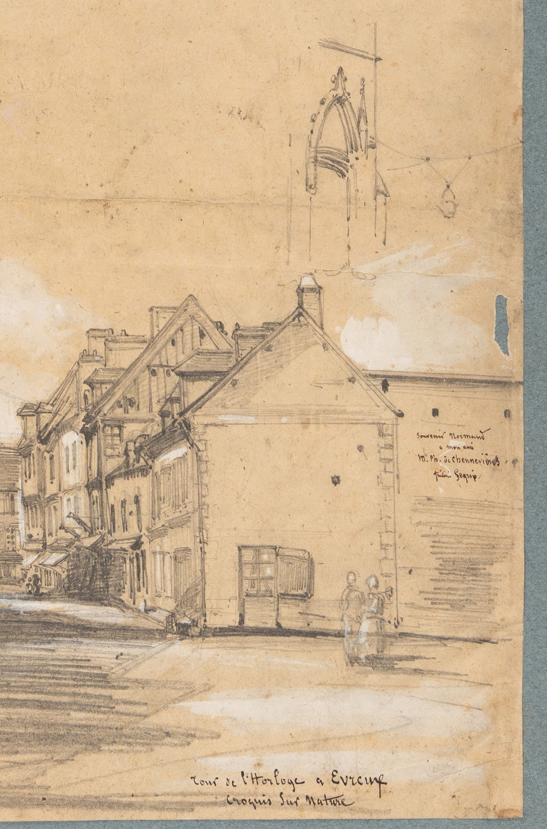 Frédéric Legrip. Dessin original. Vue de la Tour de l'Horloge à Évreux. [XIXe siècle].-photo-3