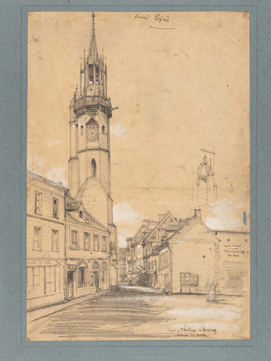 Frédéric Legrip. Dessin original. Vue de la Tour de l'Horloge à Évreux. [XIXe siècle].