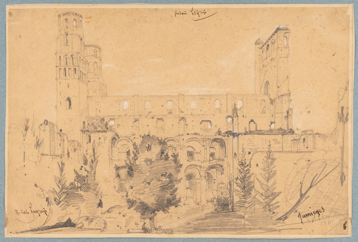Frédéric Legrip. Dessin original. Vue de l’abbaye de Jumièges (Seine-Maritime). [XIXe siècle].-photo-2