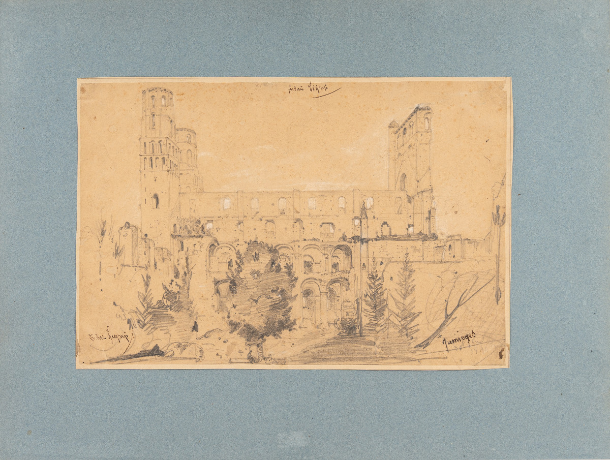 Frédéric Legrip. Dessin original. Vue de l’abbaye de Jumièges (Seine-Maritime). [XIXe siècle].
