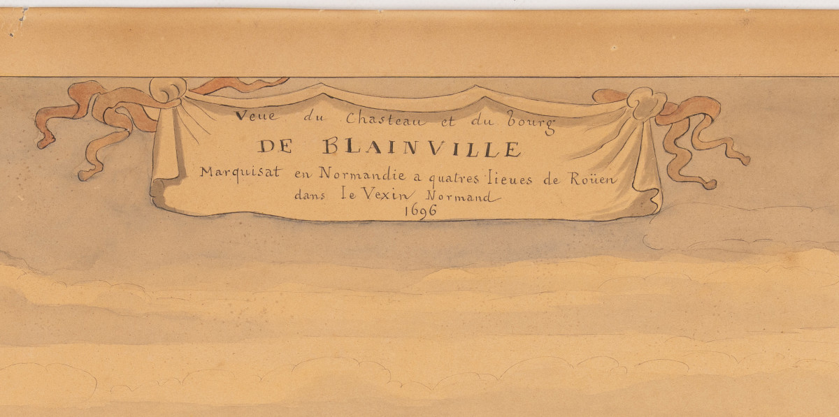 Vue du château et du bourg de Blainville (Seine-Maritime), plume et aquarelle. [XIXe siècle].-photo-2