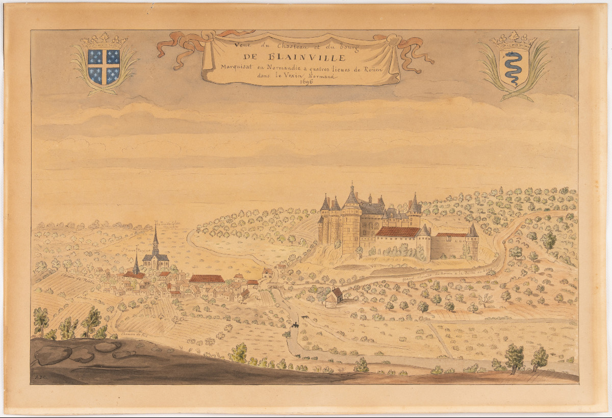 Vue du château et du bourg de Blainville (Seine-Maritime), plume et aquarelle. [XIXe siècle].