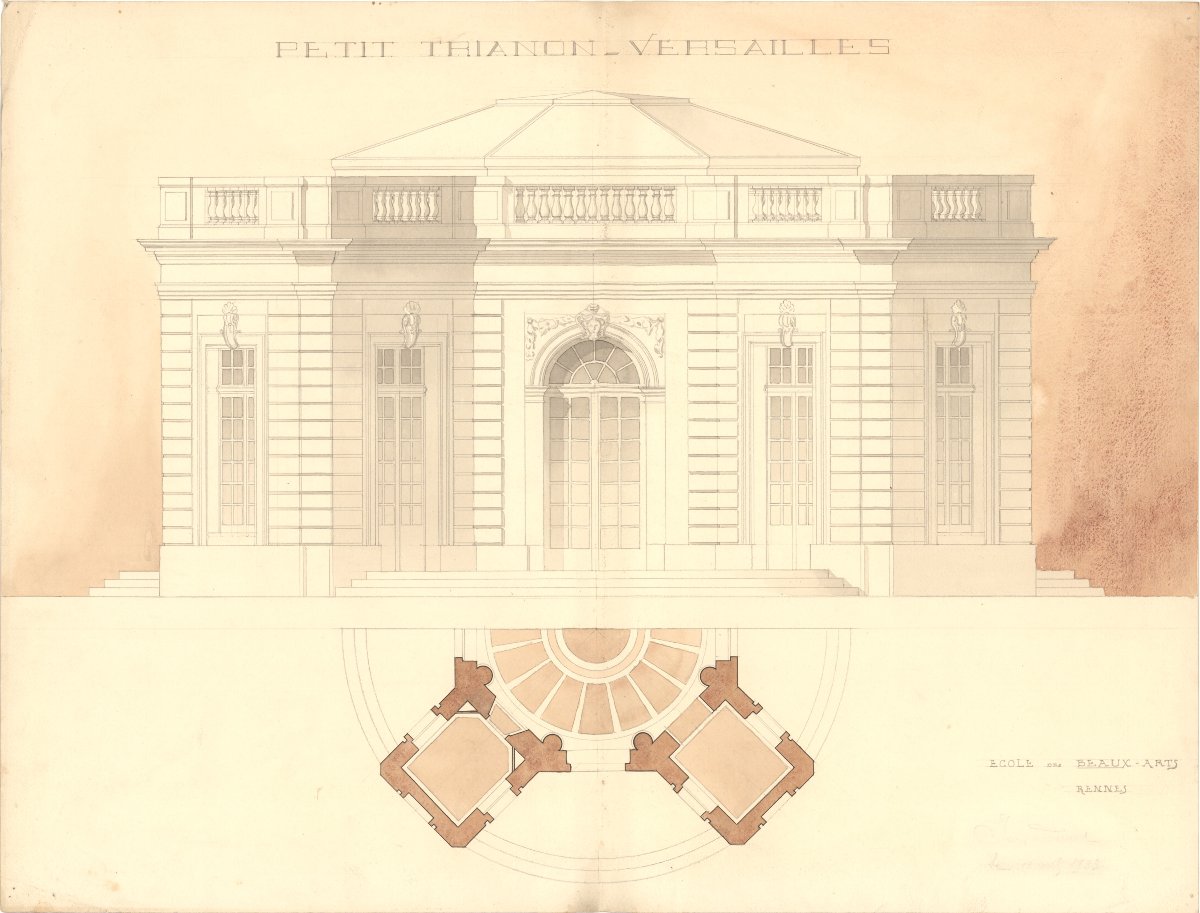 Dessin original Beaux-arts de Rennes : Pavillon français Petit Trianon Versailles 1933