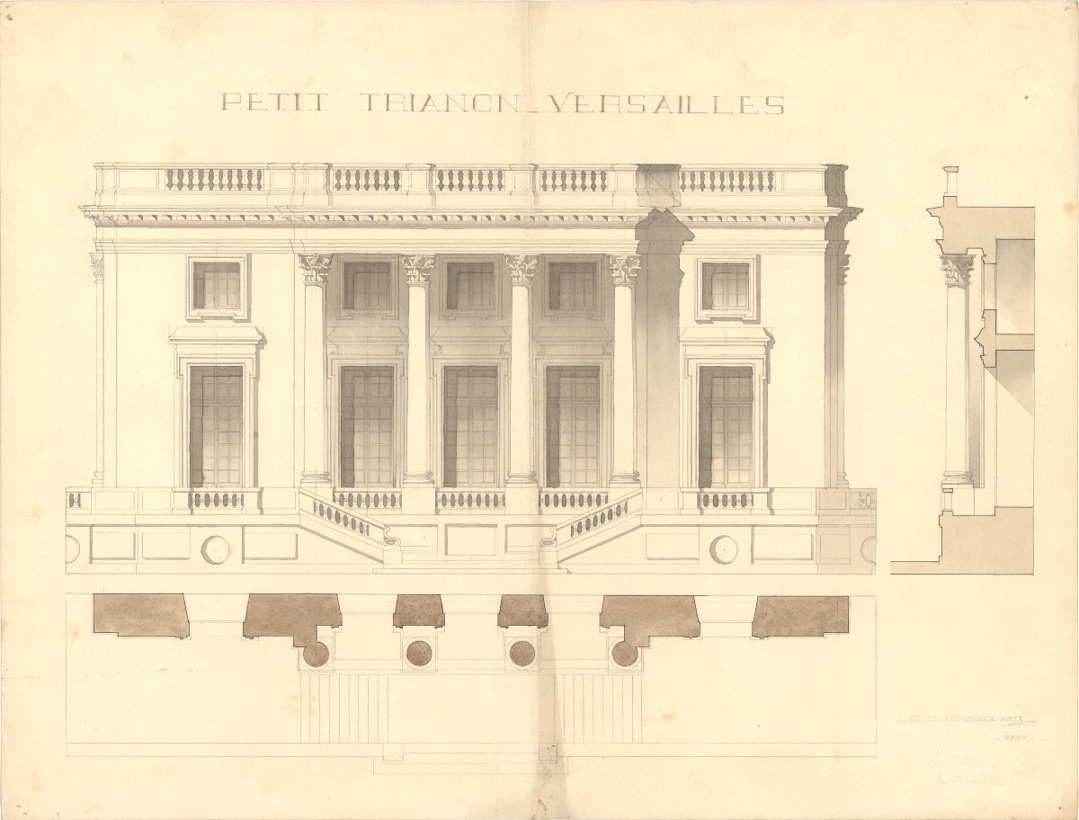 Dessin original Beaux-arts de Rennes : Façade du Petit Trianon, château de Versailles 1933