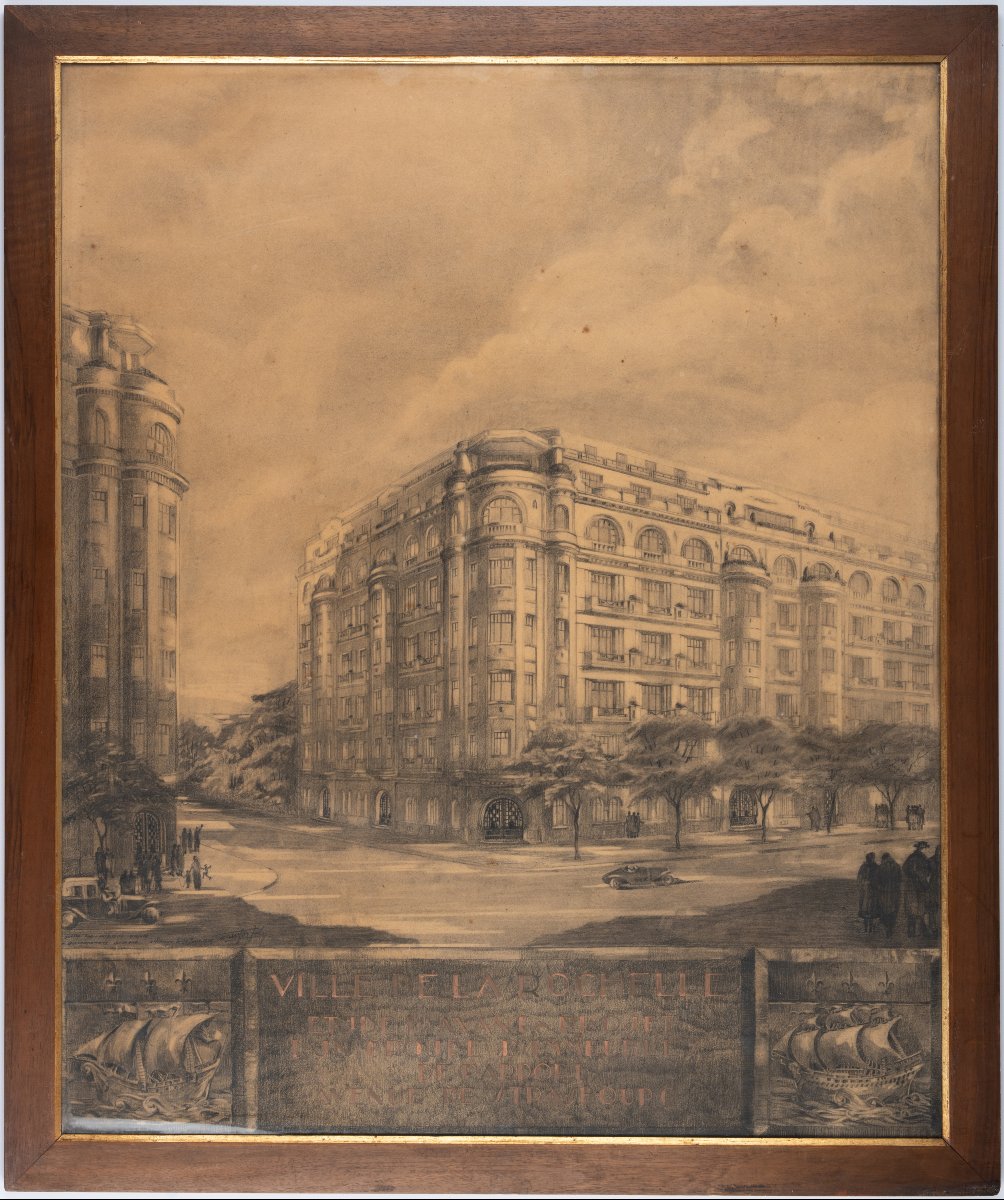 La Rochelle, Dessin d'architecte Art déco, Louis Mandon-Joly 1929, Projet d'mmeubles de rapport
