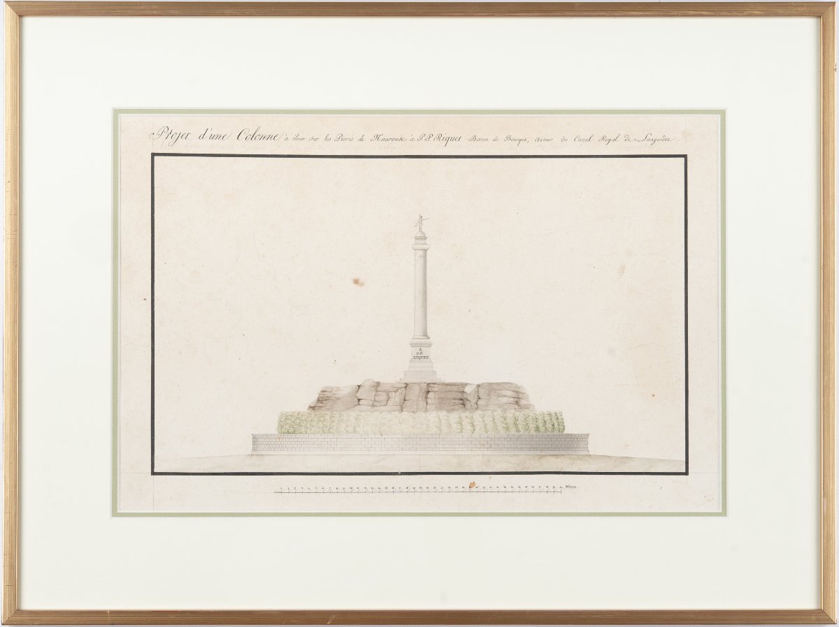 Dessin original c1820 Projet de colonne à Riquet sur le Pierres de Naurouze, canal du Languedoc