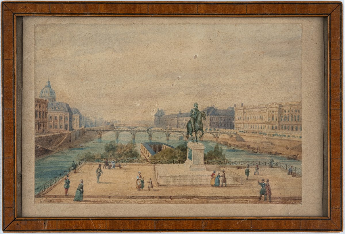 Gaspard Gobaut, Original Watercolor, Paris, Animated View Of The Western Tip Of île De La Cité