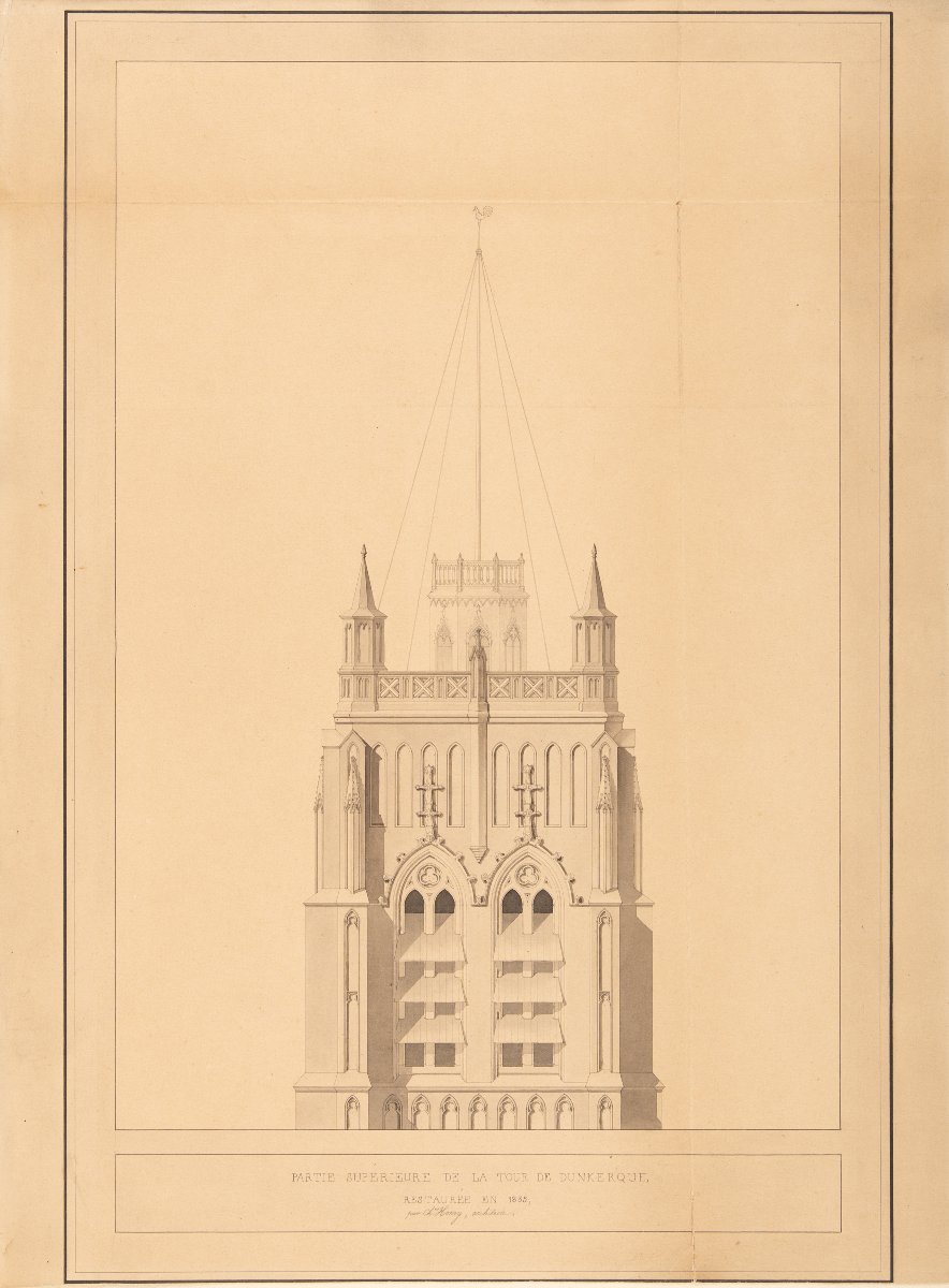 (Charles Henry architecte). Beffroi de Dunkerque (Nord). Deux dessins originaux. 1834-1835.-photo-2