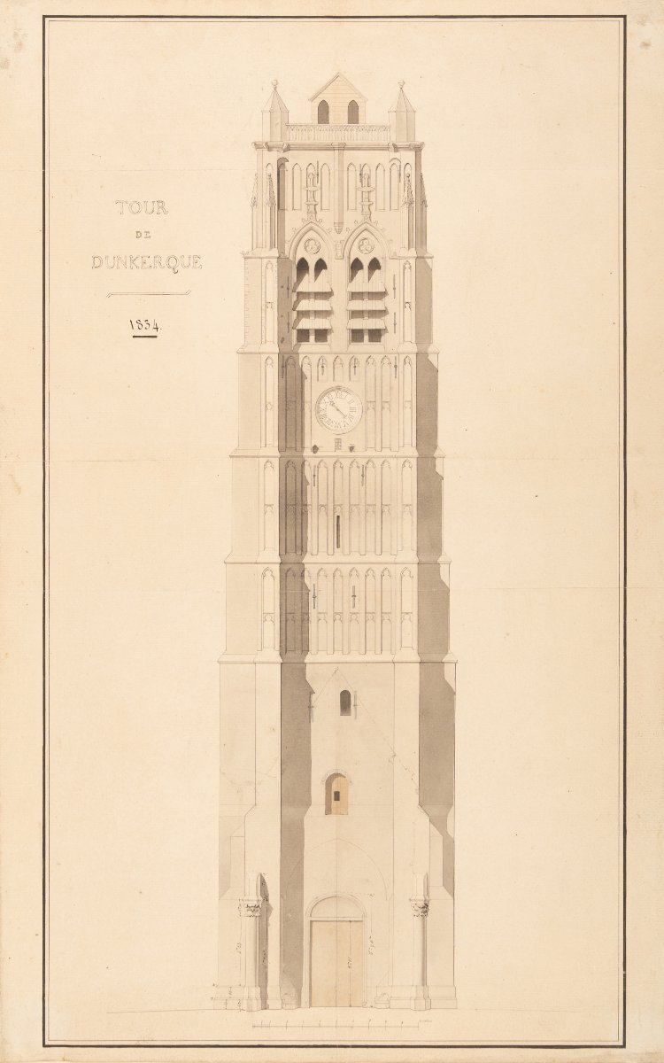 (Charles Henry architecte). Beffroi de Dunkerque (Nord). Deux dessins originaux. 1834-1835.