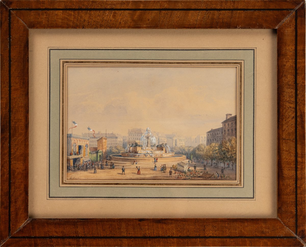 Gaspard Gobaut (1814-1882). Vue animée de la fontaine du Château‑d’Eau. [Vers 1850].
