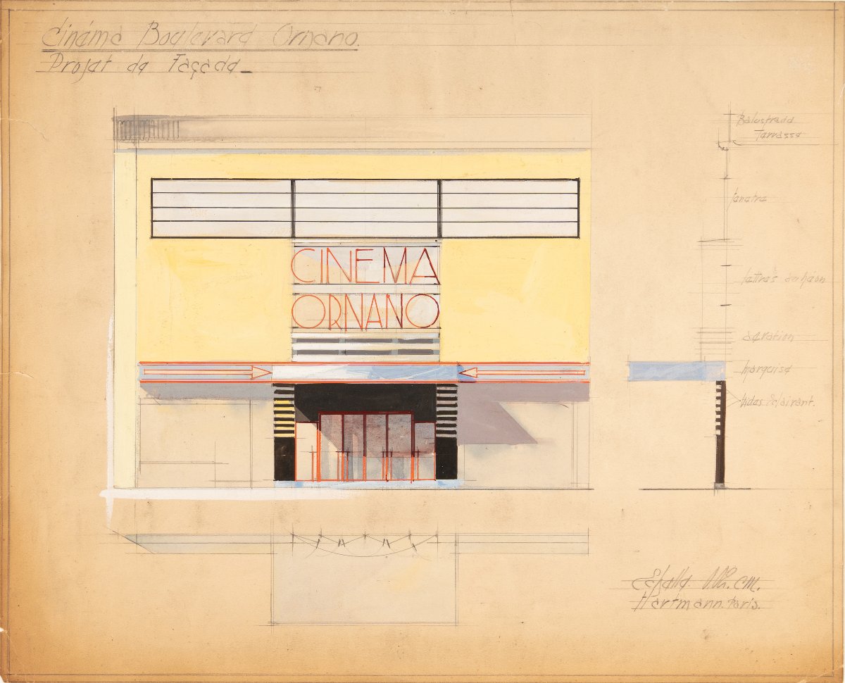 Dessin Hartmann : « Cinéma Boulevard Ornano, Projet de Façade » (XVIIIe arrt). [Vers 1933].