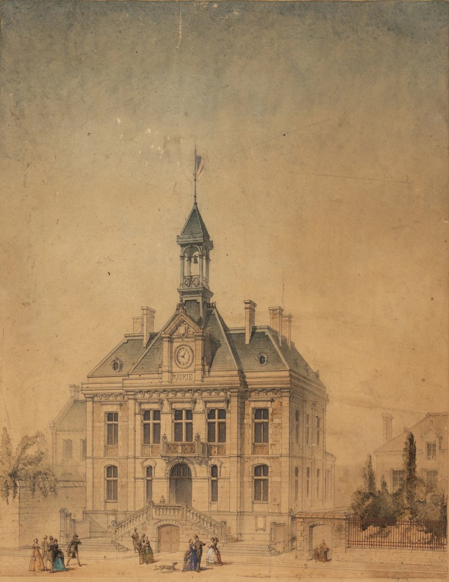 Paul Paisant-Duclos, dessin encadré. Projet de mairie pour Périers (Manche). [Vers 1870].-photo-2