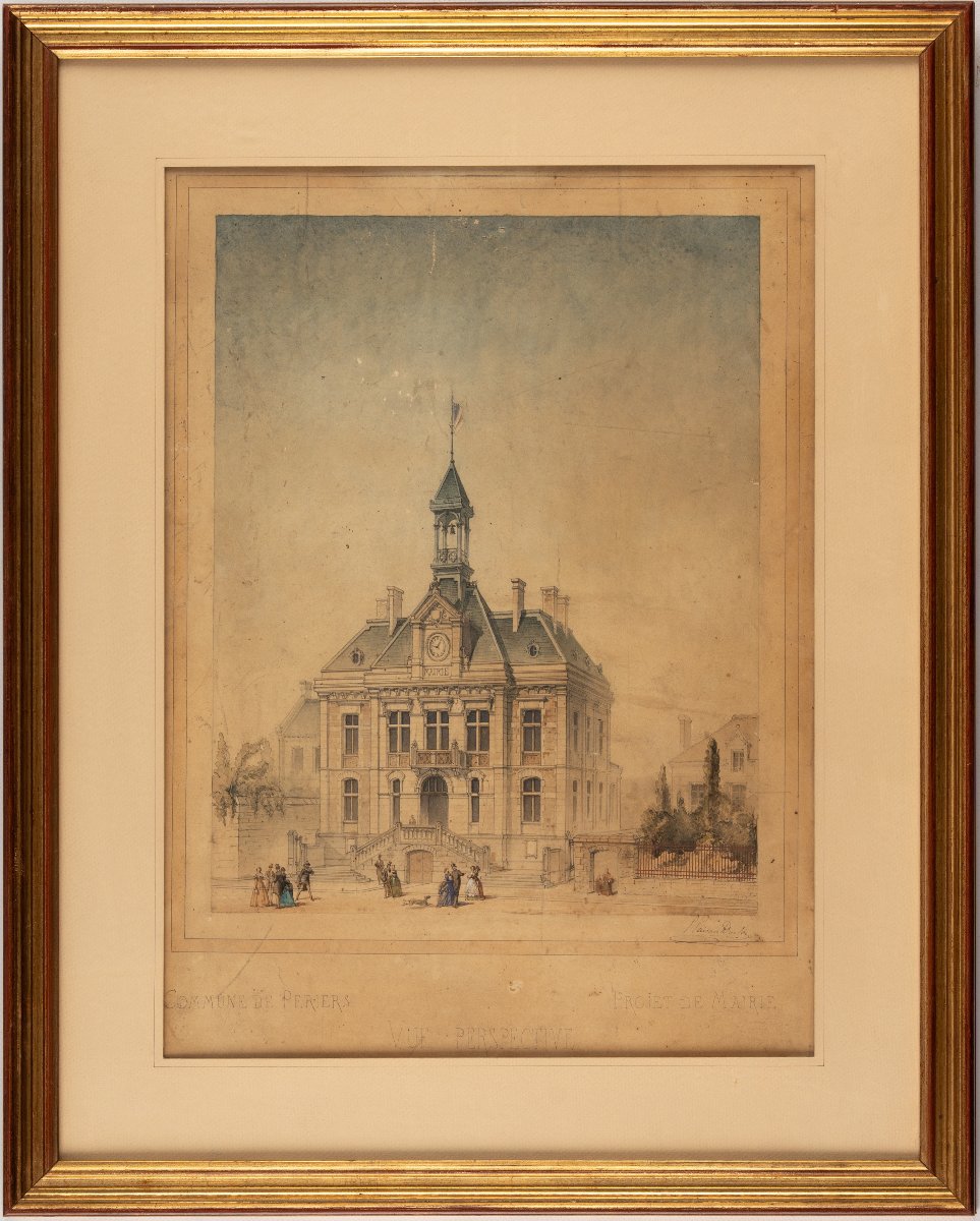 Paul Paisant-Duclos, dessin encadré. Projet de mairie pour Périers (Manche). [Vers 1870].
