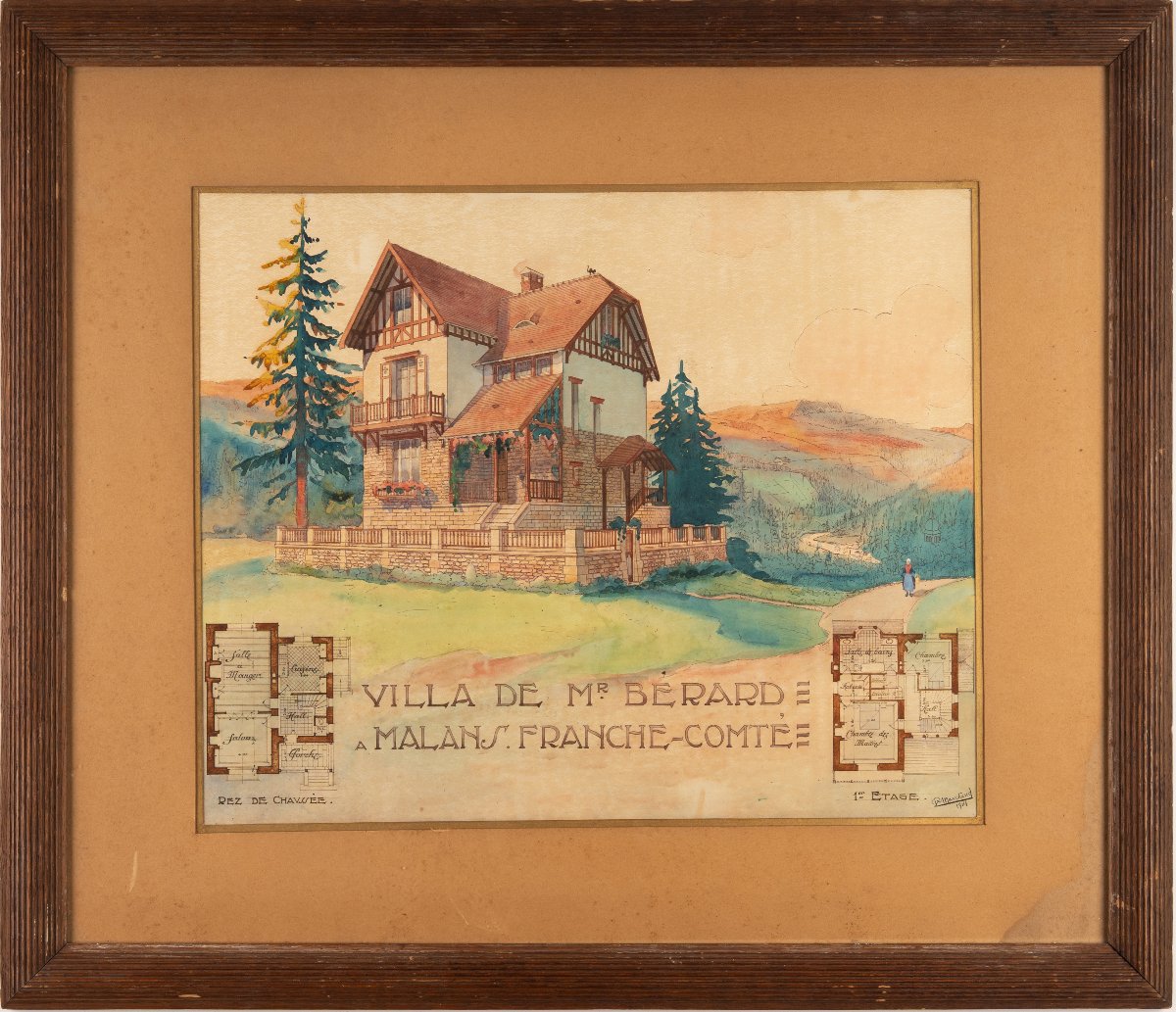 Aquarelle originale : « Villa de Mr Bérard à Malans, Franche‑Comté » (Haute-Saône). 1914.-photo-2