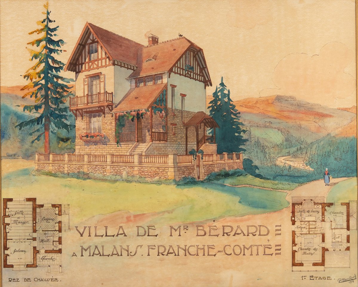 Aquarelle originale : « Villa de Mr Bérard à Malans, Franche‑Comté » (Haute-Saône). 1914.