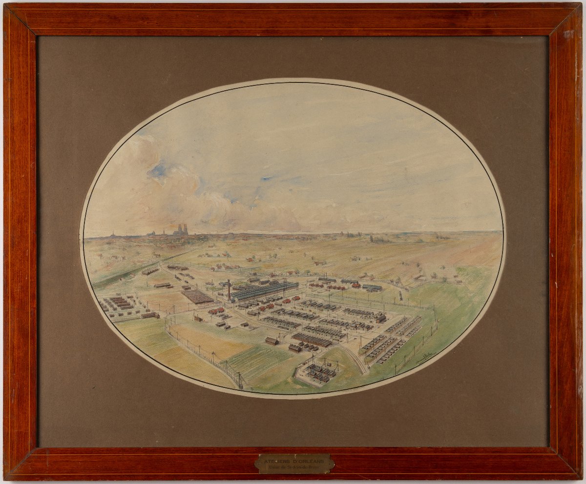 Large Watercolor: View Of The Ambert Factories In Saint-jean-de-braye, Orléans (loiret). 1918. 