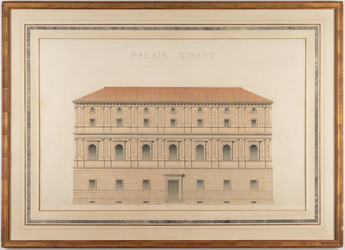 Dessin d'architecture encadré : Palais Giraud-Torlonia (Rome). Élévation. [XIXe siècle].