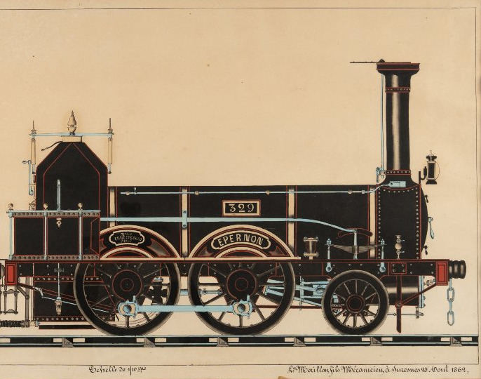 Grand dessin original encadré : « Machine locomotive à voyageurs à 4 roues accouplées, 1862 ».-photo-2