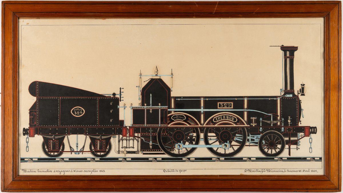 Grand dessin original encadré : « Machine locomotive à voyageurs à 4 roues accouplées, 1862 ».