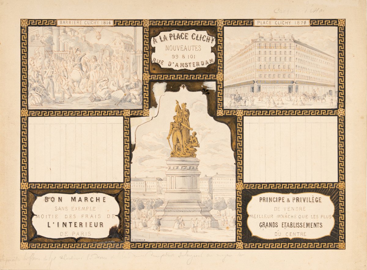 Maquette decalendrier commercial des grands magasins de la Place Clichy (Paris). [c1875-1900].
