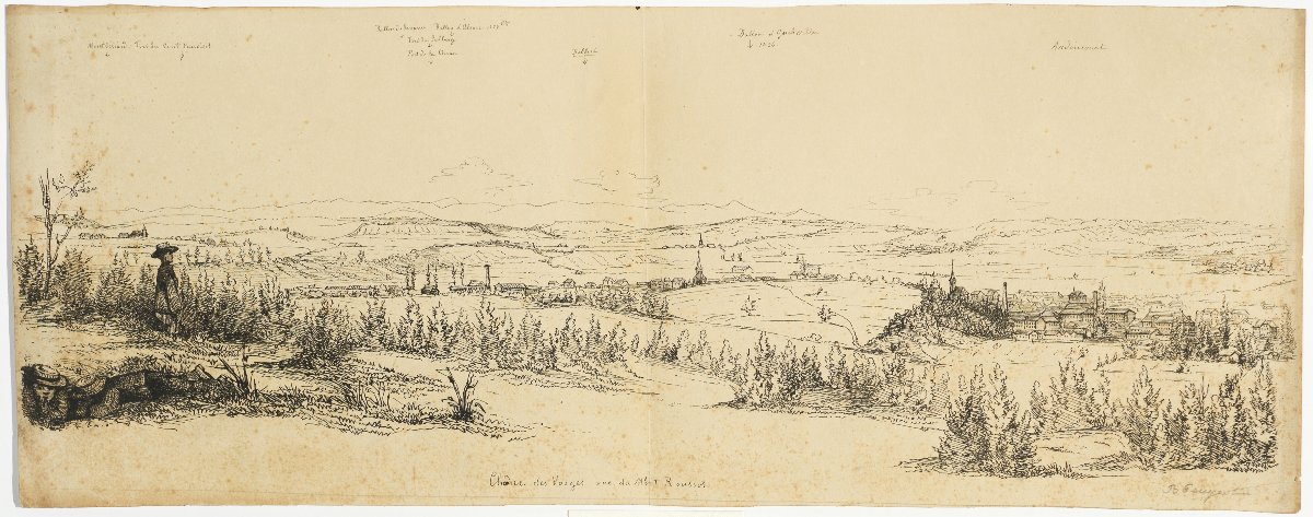 Dessin original fin XIXe : vue de la chaîne des Vosges depuis le mont Roussot 