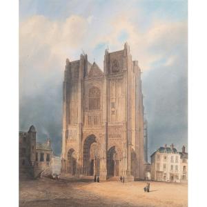 Vue du portail de la Cathédrale de Nantes 1854 Aquarelle originale signée Guerry