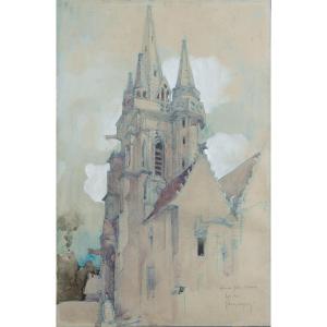 Georges Lefort Dessin original aquarelle 1900 Grâces Église Notre-Dame Bretagne Côtes-d'Armor