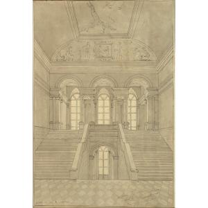 Le grand escalier du Louvre, dessin de Charles Guignery, escalier royal de Percier et Fontaine