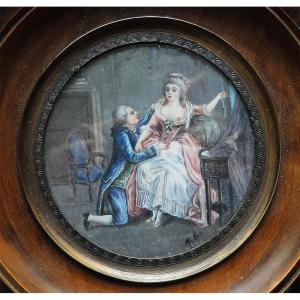 Seduction Scene: Painted Miniature Signed Mellet, 19th Century