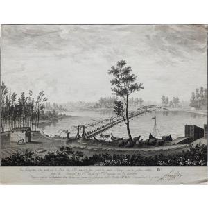 Dessin original 1797 Vue du Pont sur le Fleuve Pô devant Pavie (Napoléon Bonaparte Italie)