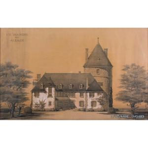 Jacques Schulé Original Architectural Drawing: A Manor In Alsace, North Facade C.1920-1930