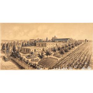 Vue d'architecture. Vue du chais du Docteur Monprofit à Champ-sur-Layon (Maine-et-Loire). 