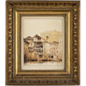 F.-J. Nolau. Vue animée de la cathédrale Saint-Étienne et du quartier des Roches à Metz.