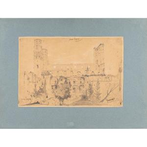 Frédéric Legrip. Dessin original. Vue de l’abbaye de Jumièges (Seine-Maritime). [XIXe siècle].