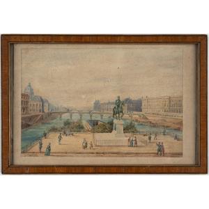 Gaspard Gobaut, Original Watercolor, Paris, Animated View Of The Western Tip Of île De La Cité