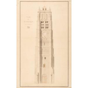 (Charles Henry architecte). Beffroi de Dunkerque (Nord). Deux dessins originaux. 1834-1835.