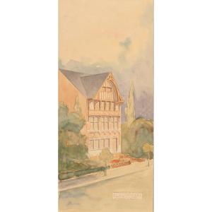 Vue perspective d’une maison à Uccle (Belgique, région de Bruxelles). [Première moitié XXe].