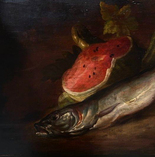 Special Price! Oil On Wood 19th Century Still Life With Watermelon, Hake And Lemon-photo-3