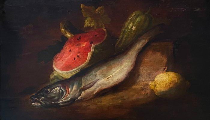 Special Price! Oil On Wood 19th Century Still Life With Watermelon, Hake And Lemon-photo-1