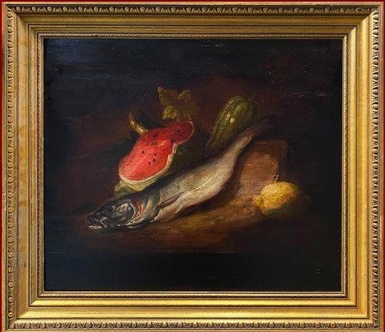 Special Price! Oil On Wood 19th Century Still Life With Watermelon, Hake And Lemon-photo-2
