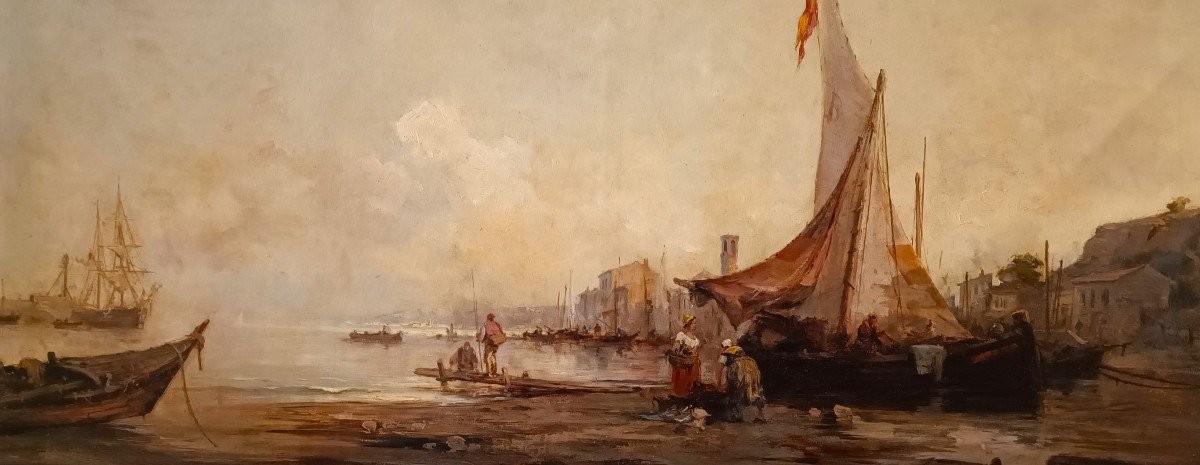 Oil On Canvas Seascape With Venice Lagoon, 1877-photo-2
