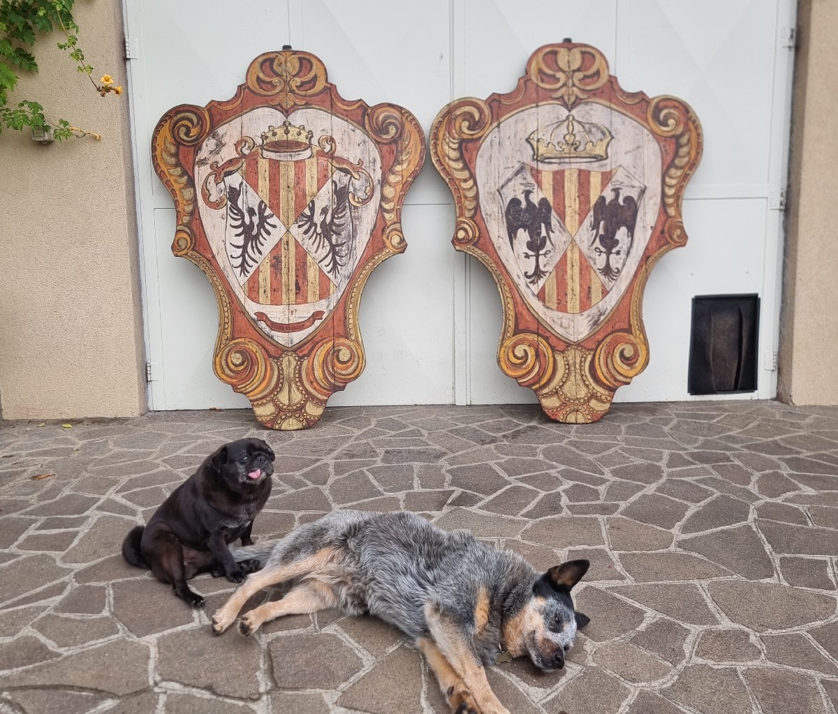 Paire de boucliers en bois nobles peints du XXe siècle-photo-1