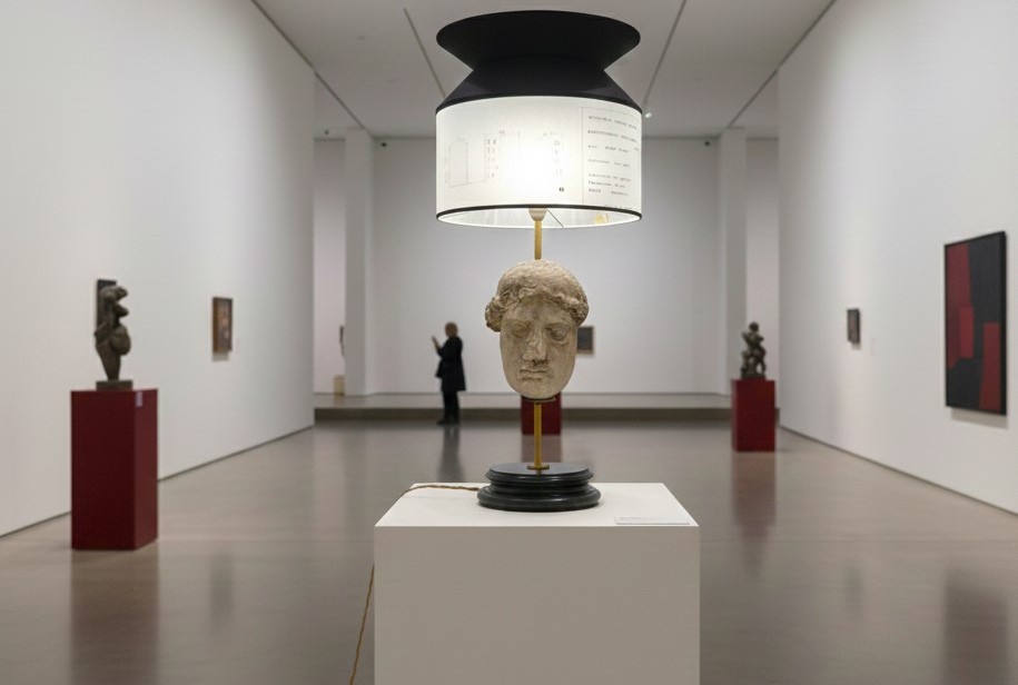 Lampe avec tête en plâtre et noir de fumée, abat-jour avec calques d’architecture-photo-3