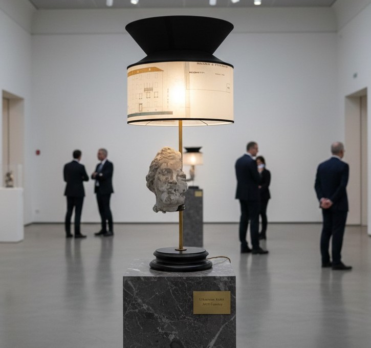 Lampe avec tête en plâtre et noir de fumée, abat-jour avec calques d’architecture XX sieclè-photo-2