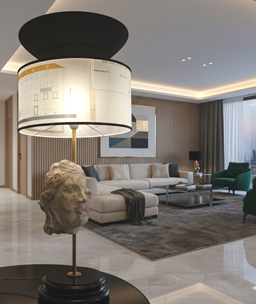 Lampe avec tête en plâtre et noir de fumée, abat-jour avec calques d’architecture XX sieclè-photo-2