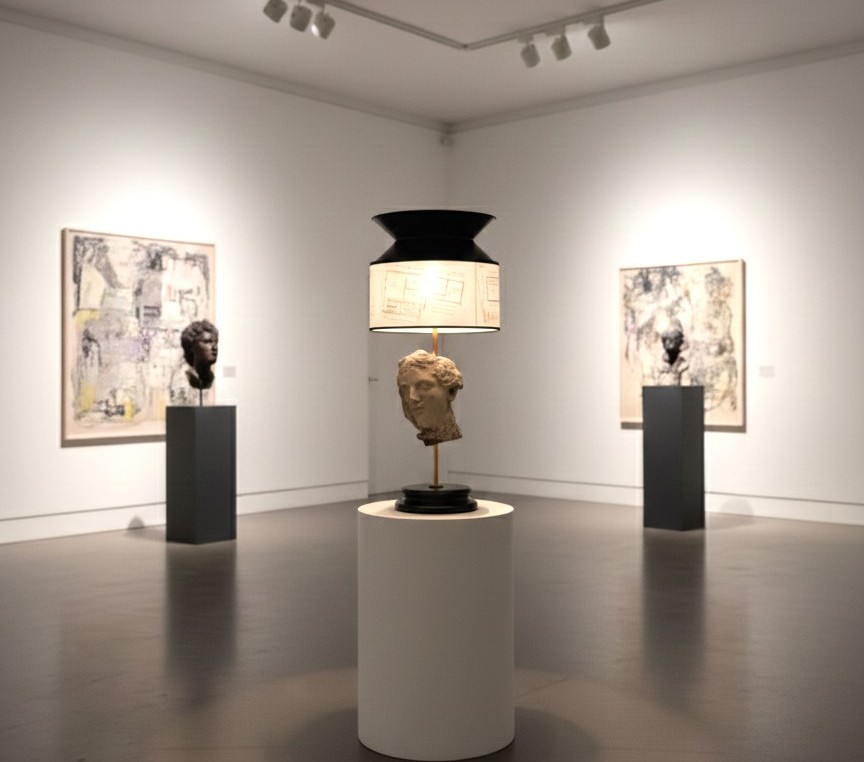 Lampe avec tête en plâtre et noir de fumée, abat-jour avec calques d’architecture xx sieclè-photo-2