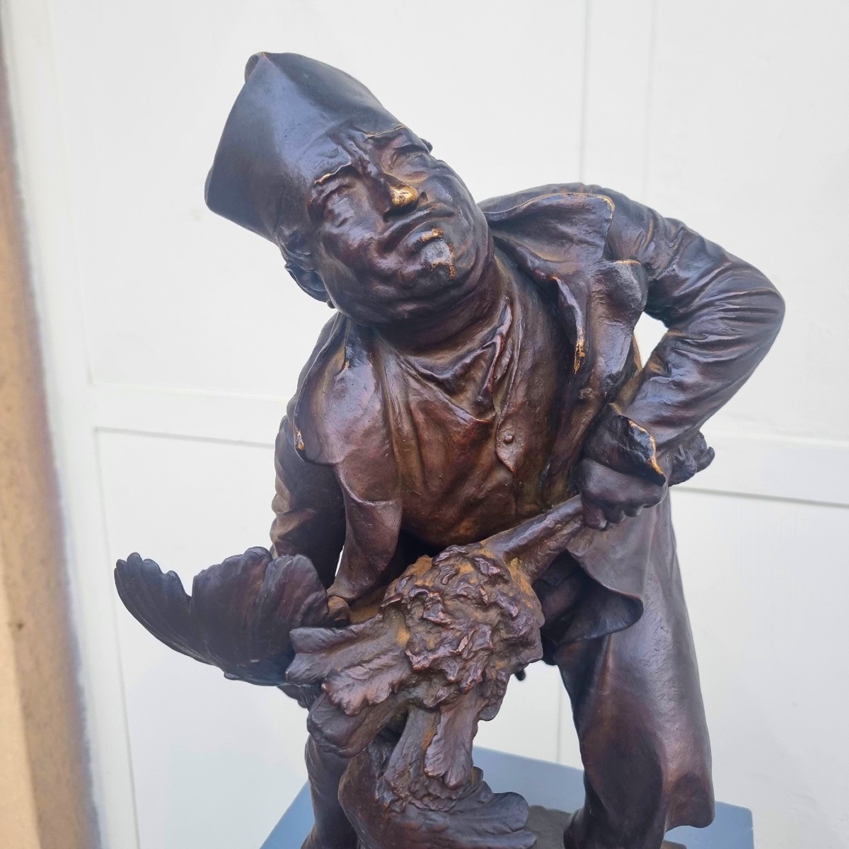 20th Century Bronze Sculpture Priest Strangling A Turkey Signed-photo-2