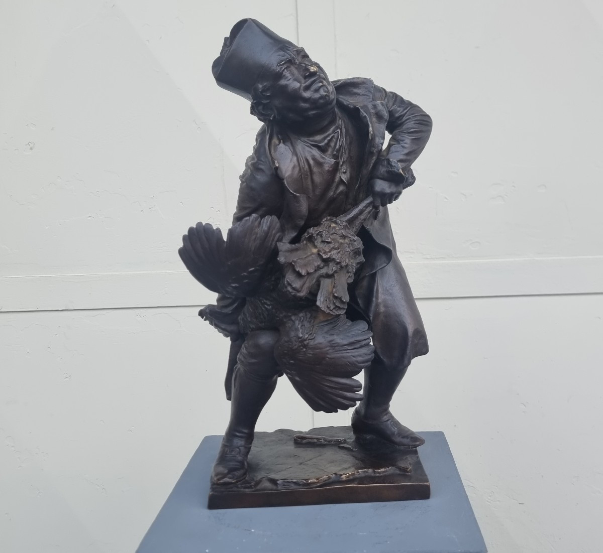 20th Century Bronze Sculpture Priest Strangling A Turkey Signed-photo-5